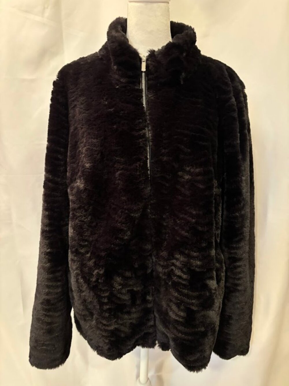 NWOT Dorothy Perkins Black Faux Fur Jacket Zip-up Front with Pockets - US 12